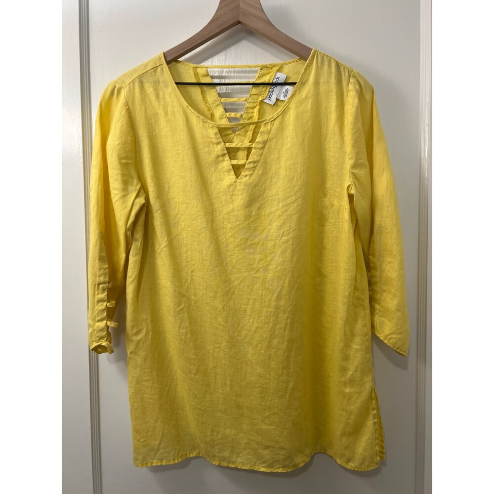 Peck & Peck Women's Linen Top 3/4 Sleeve Yellow 100% Size M *READ*
